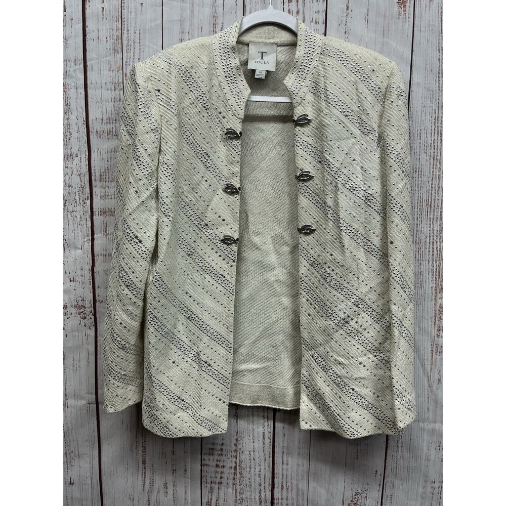 Toula Jacket Cardigan Womens 12 Cream Textured Knit Embellished Hook